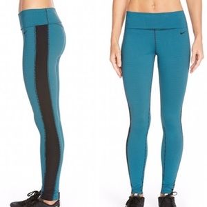Nike Legend Fold Over Waistband Womens Training Tights Black Teal Stripe Medium